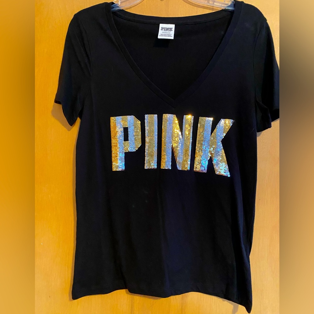 Y2K PINK black tee with pink bling logo size small.  NWOT